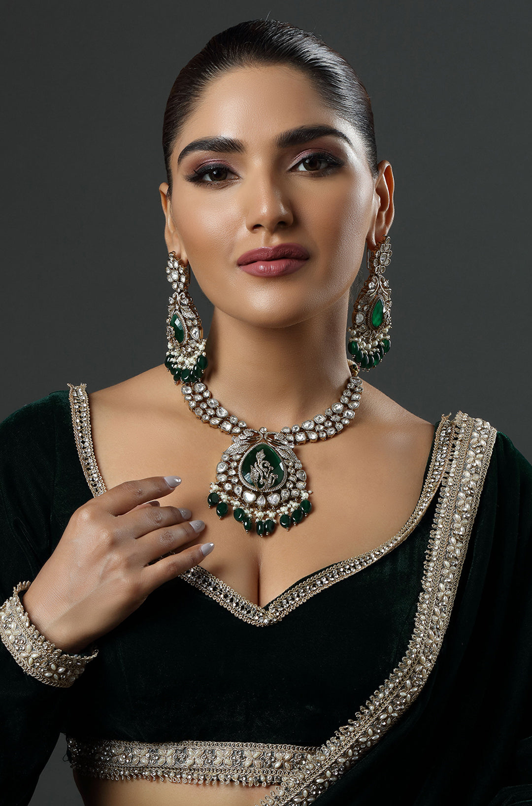 Green Moissanite Meenakari Necklace