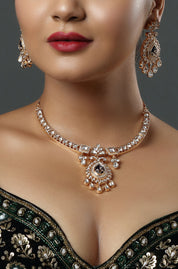 Rose Gold-Plated & White Cubic Zirconia Studded Handcrafted Pendant Necklace