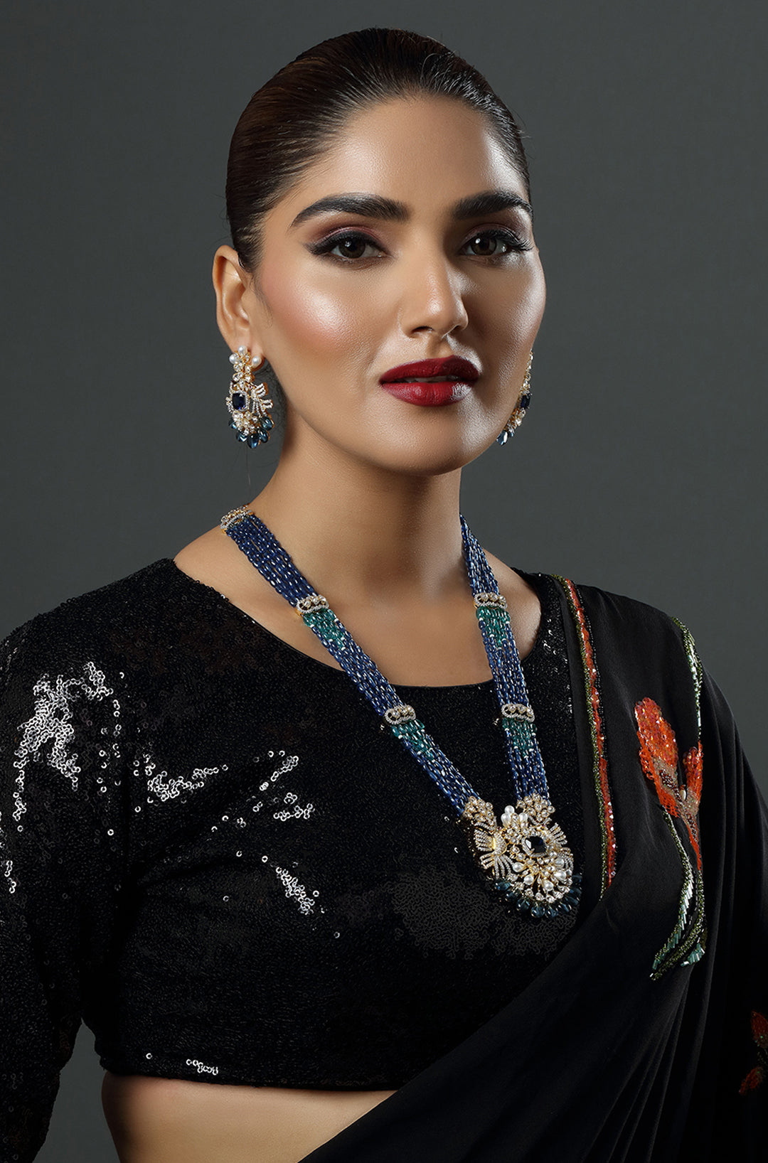 Two Tone Gold Finish Blue Stone Mala Necklace