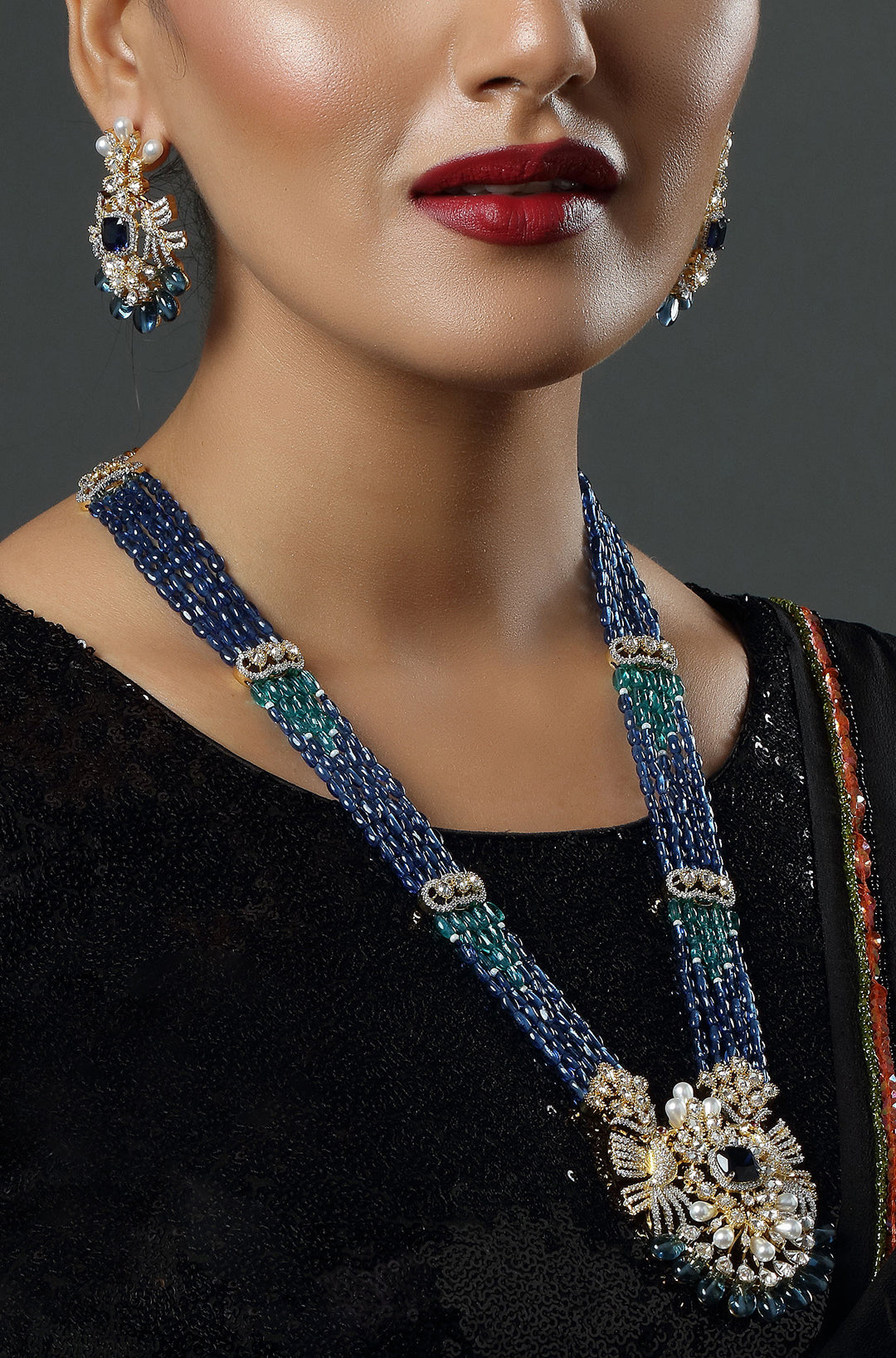 Two Tone Gold Finish Blue Stone Mala Necklace