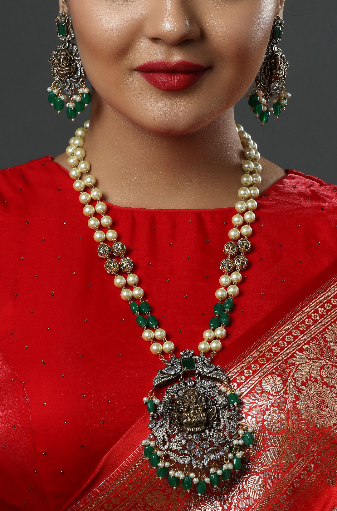 Elegant Two Layered Beaded Lakshmi Temple Polki Necklace
