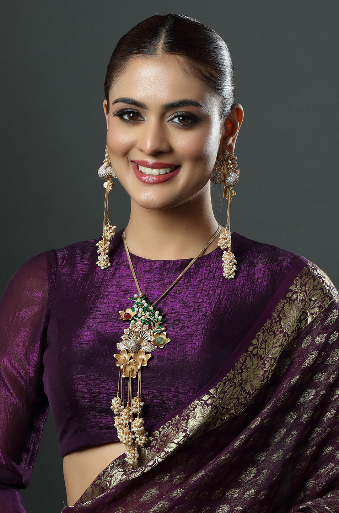 Gold Plated Peacock Design Pearl Polki Necklace