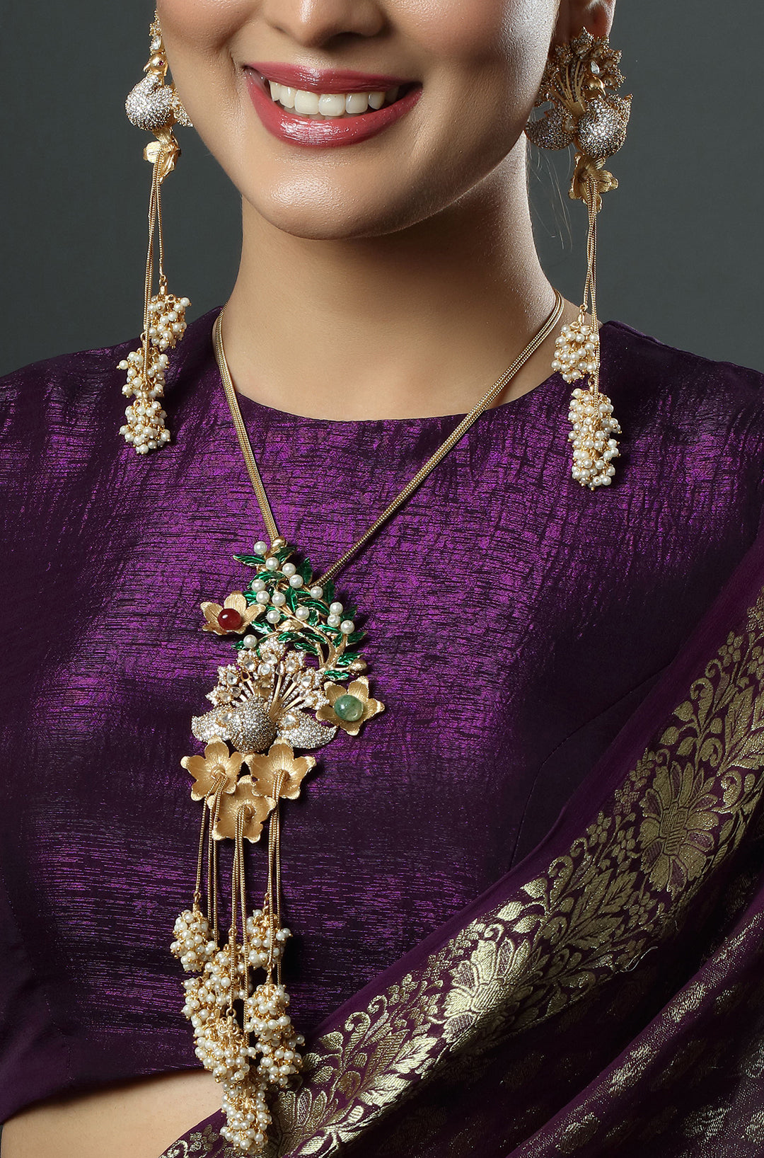 Gold Plated Peacock Design Pearl Polki Necklace