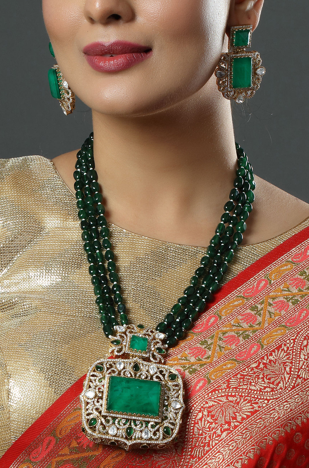 Beautiful Gold Tone CZ Emerald Multi Layer Designer Necklace