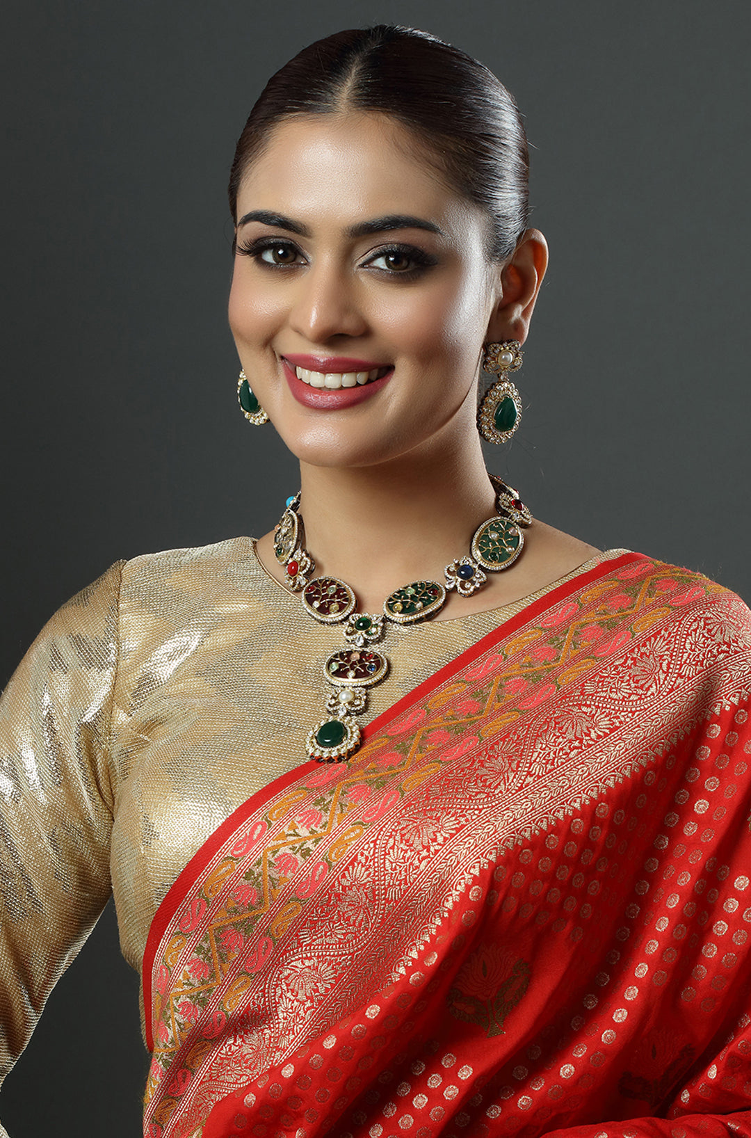 Gold Finish Kundan & Stone Meenakari Necklace