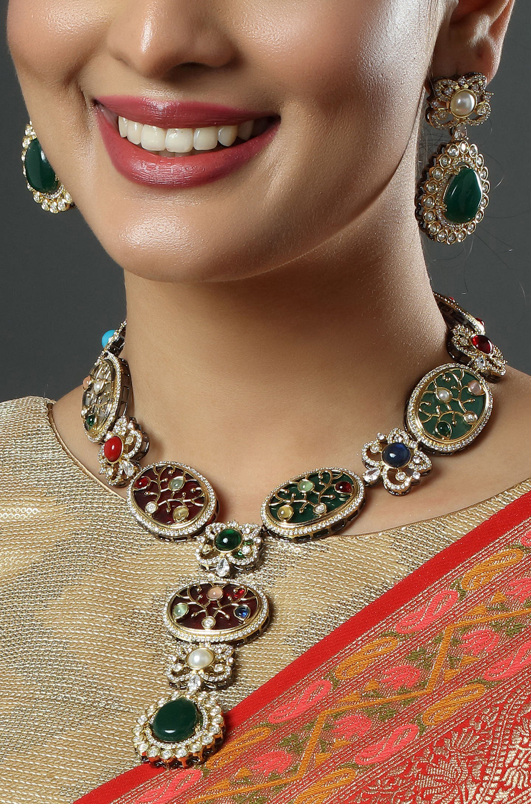 Gold Finish Kundan & Stone Meenakari Necklace