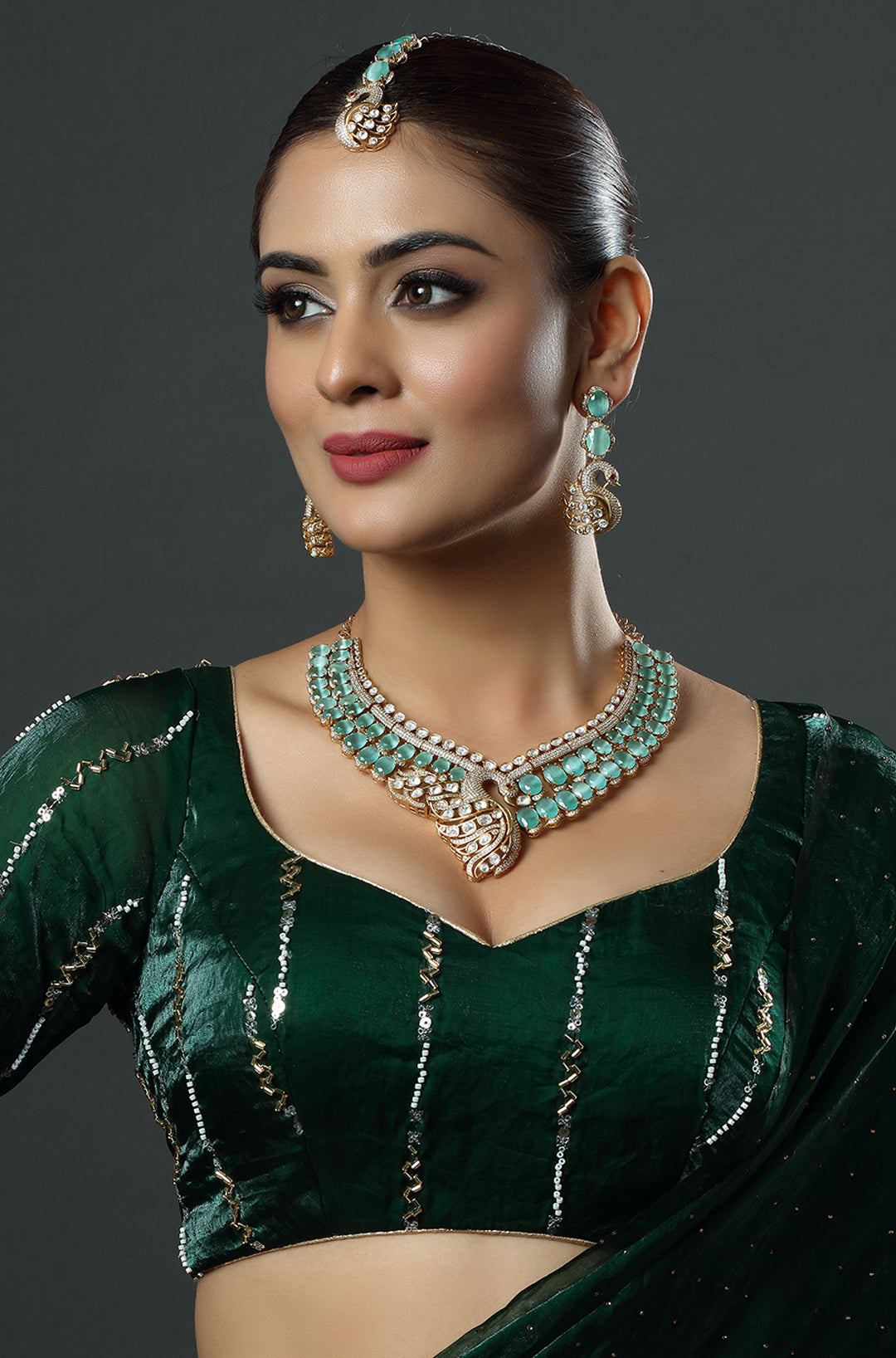 Rhodium Plated Cubic Zirconia Studded Peacock Necklace