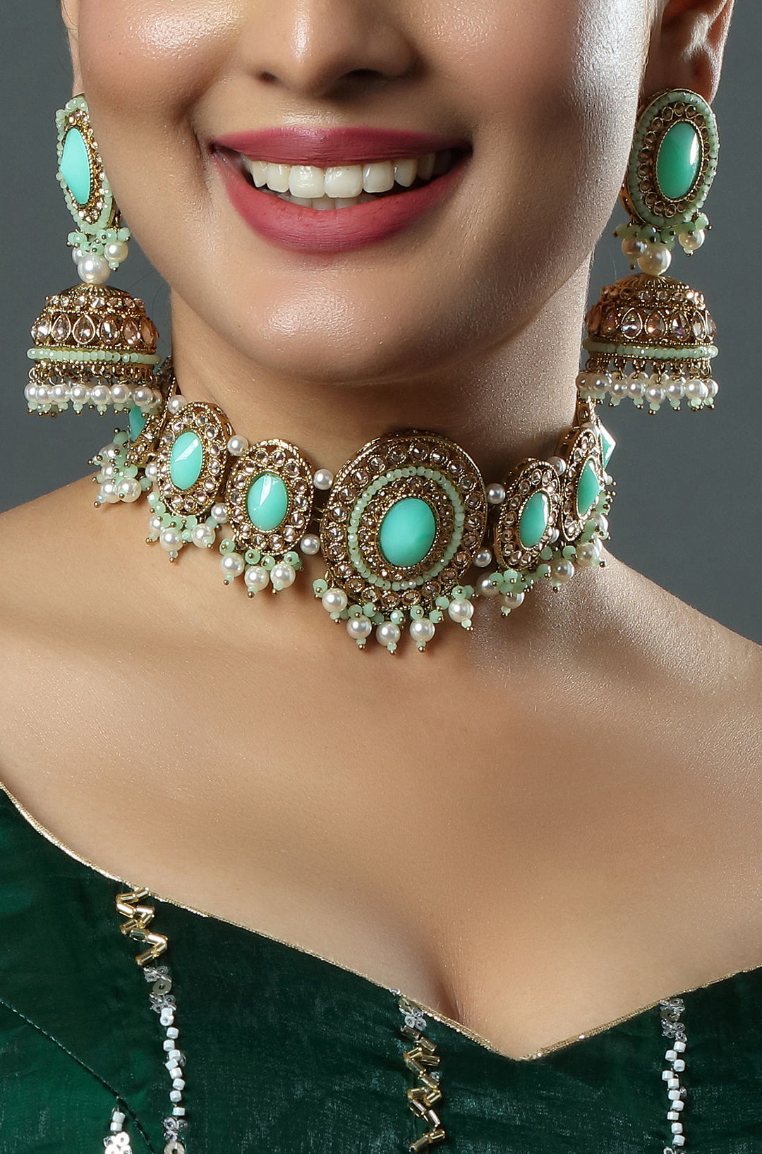 Victorian Finish AD Polki Ferozi Color Stone Necklace