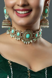 Victorian Finish AD Polki Ferozi Color Stone Necklace