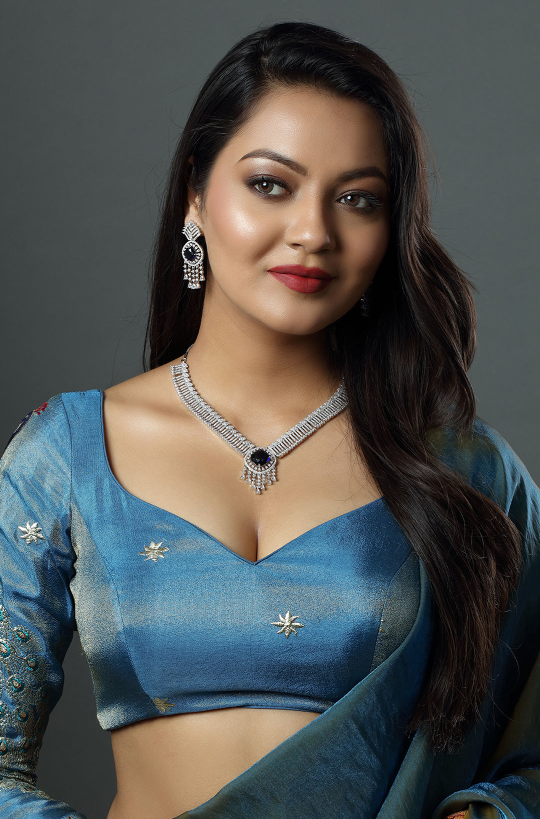 Royal Blue and White CZ Cutwork Design Necklace