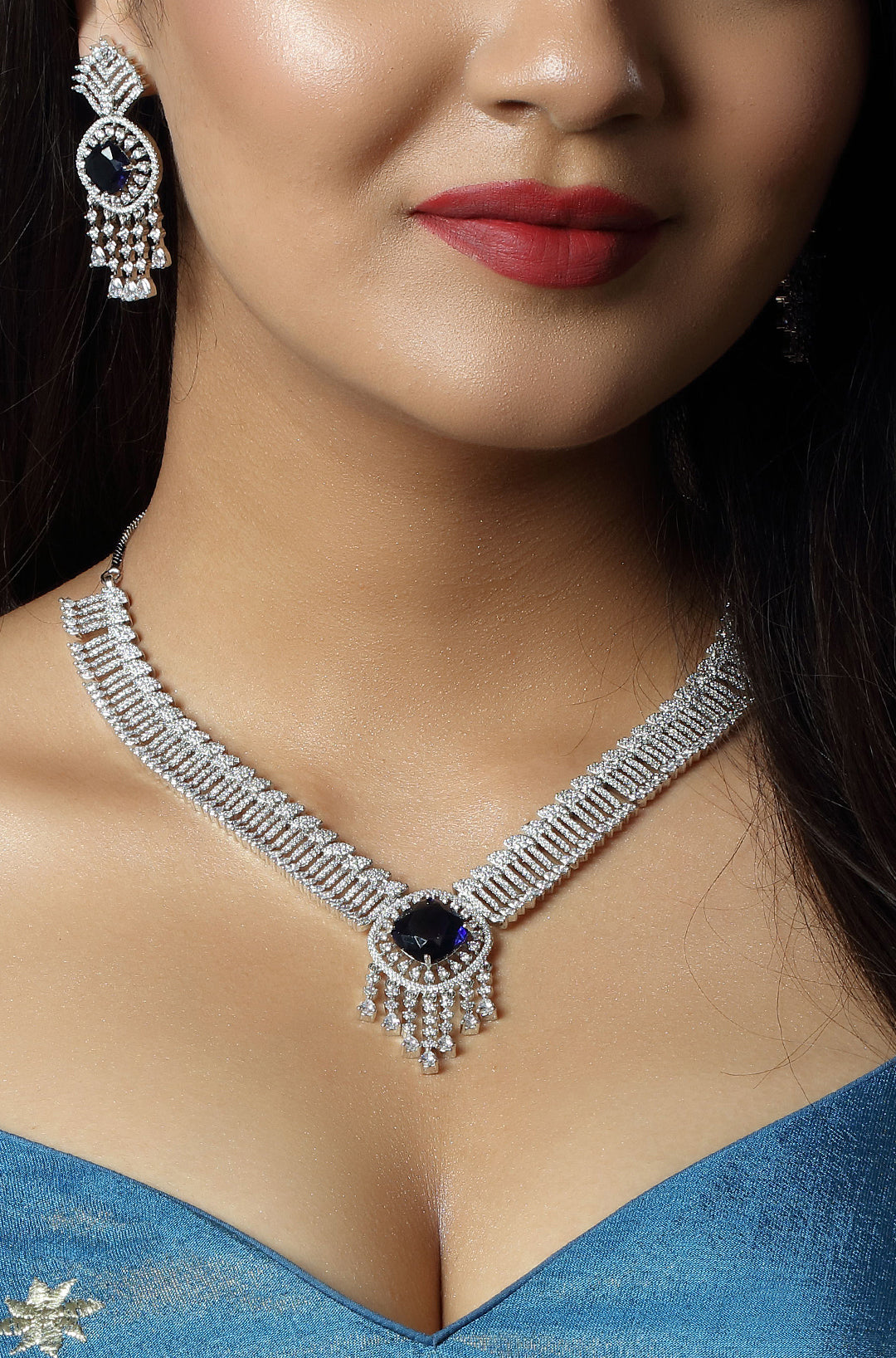 Royal Blue and White CZ Cutwork Design Necklace