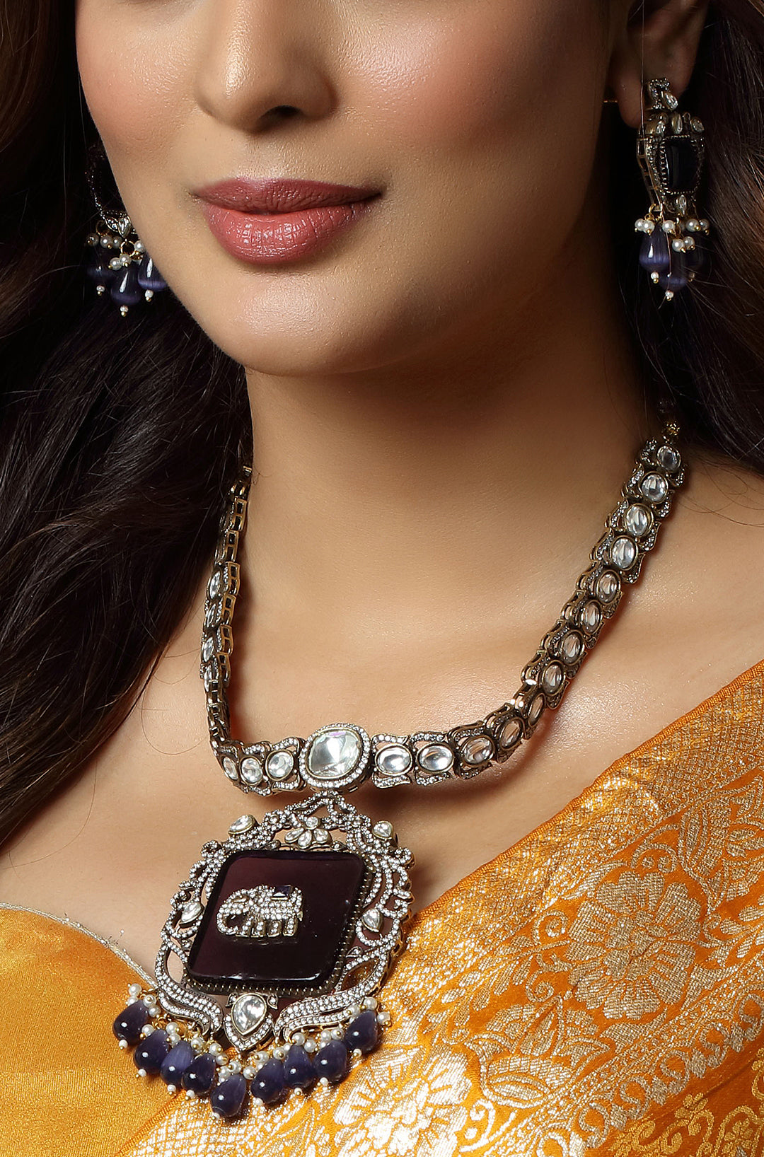 Victorian Royal Purple Stone with Elephant Embellished Kundan Necklace