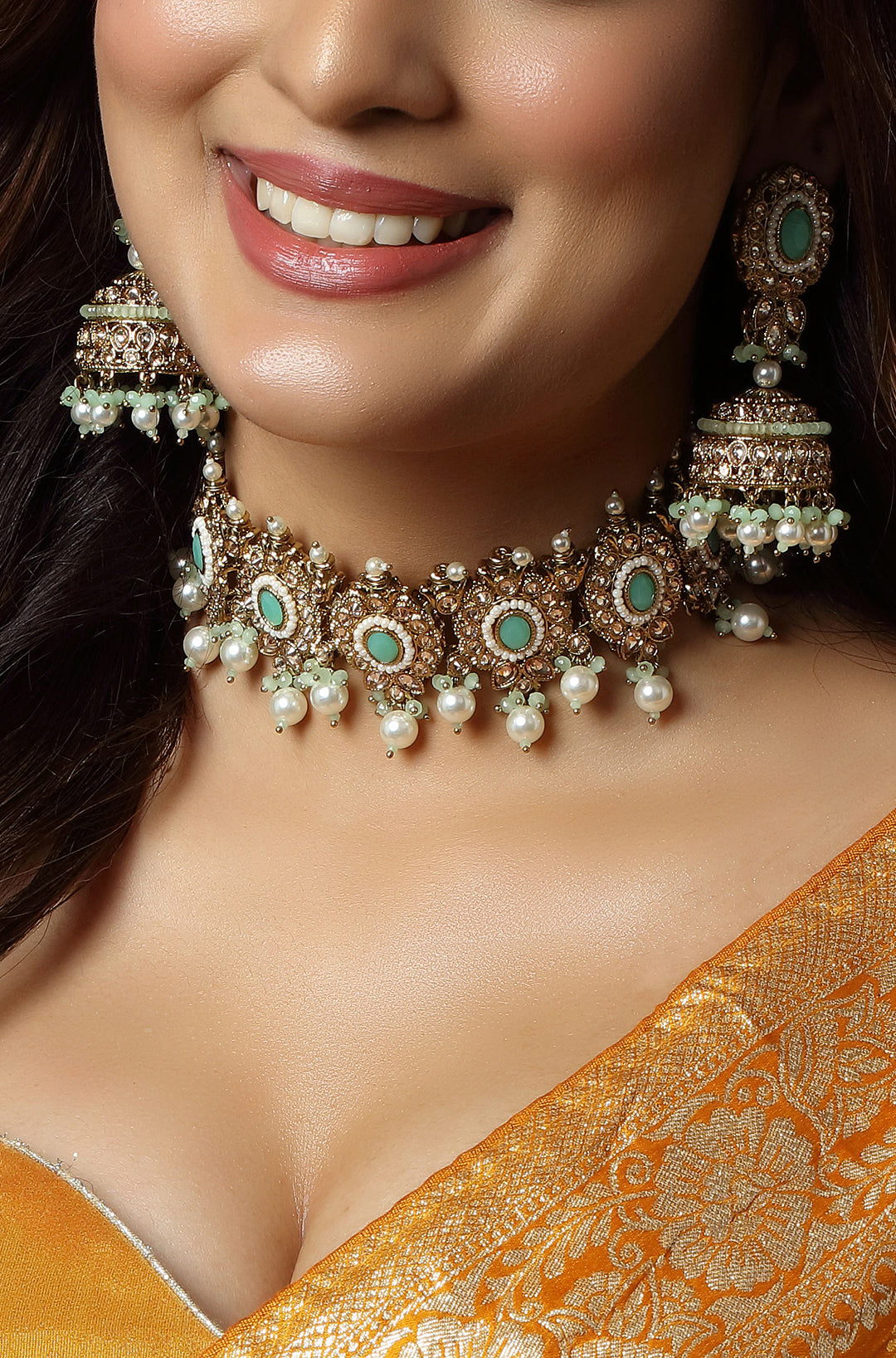 Gold-Plated & White Kundan & Pearls Studded Choker Necklace