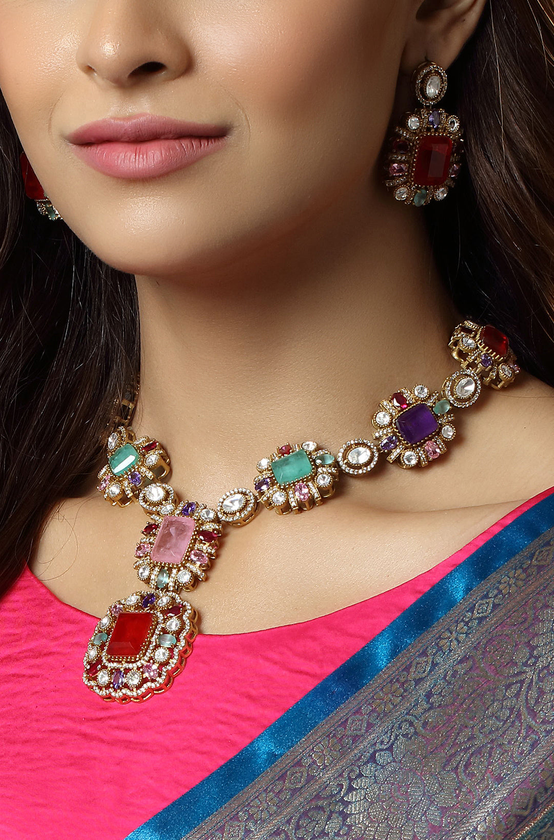 Beautiful Gold Plated Moissanite Multicolor Doublet Statement Necklaces