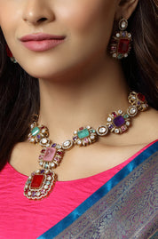 Beautiful Gold Plated Moissanite Multicolor Doublet Statement Necklaces