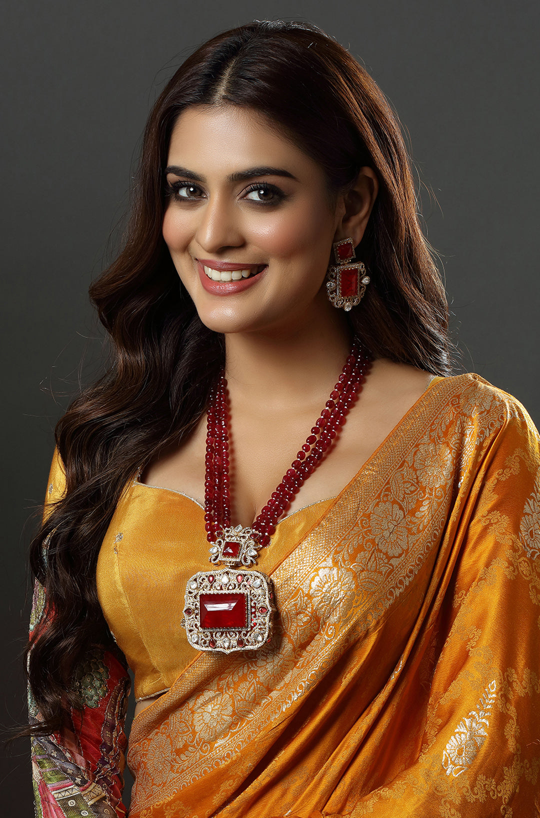 Beautiful Gold Tone CZ Ruby Red Multi Layer Designer Necklace