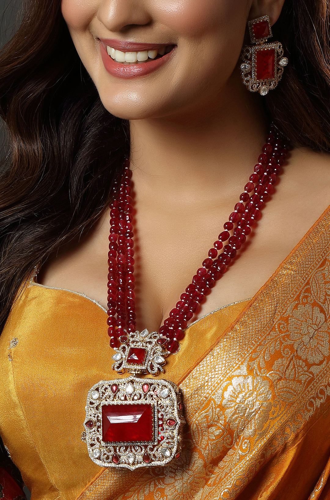 Beautiful Gold Tone CZ Ruby Red Multi Layer Designer Necklace