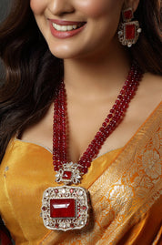 Beautiful Gold Tone CZ Ruby Red Multi Layer Designer Necklace