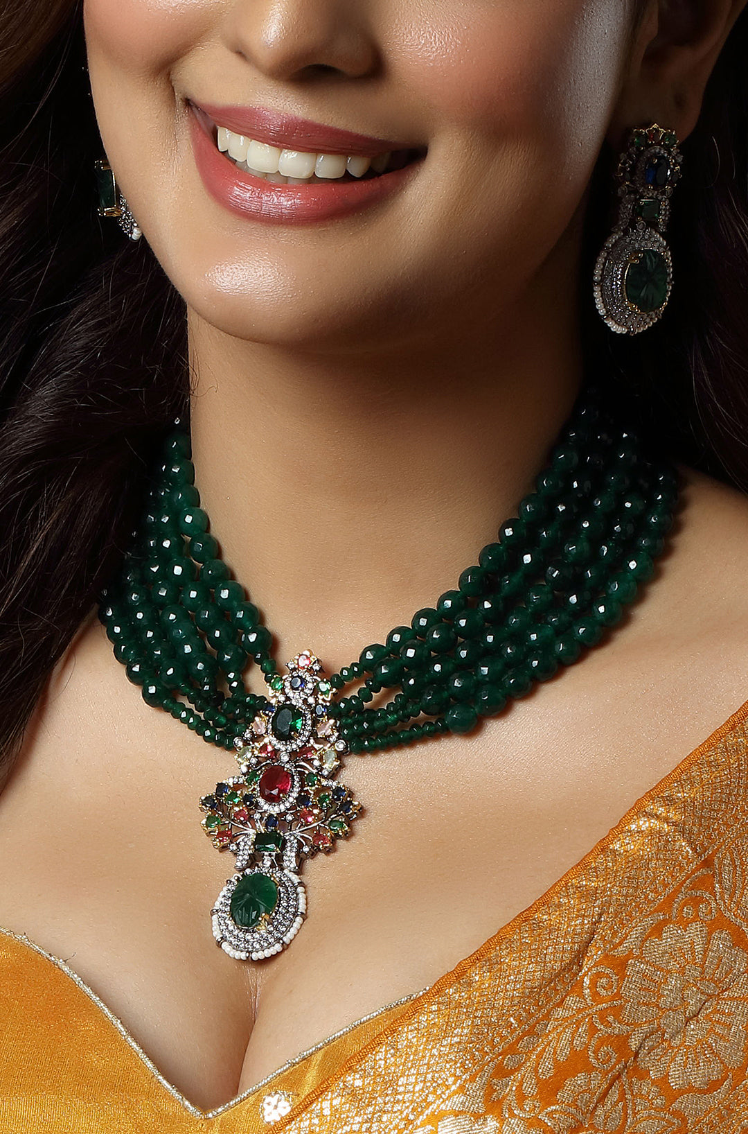 Emerald Green Rhodium Finish Zircon Mala Necklace