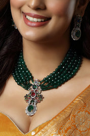 Emerald Green Rhodium Finish Zircon Mala Necklace