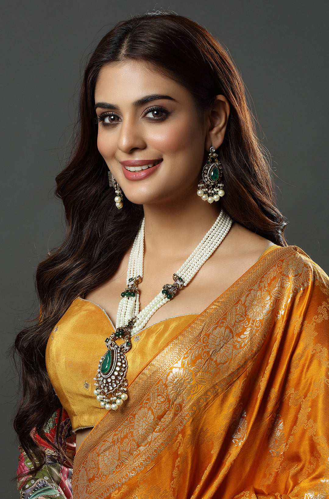 Pearl and Emerald Antique Finish Kundan Polki Long Necklace Haar