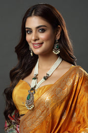 Pearl and Emerald Antique Finish Kundan Polki Long Necklace Haar