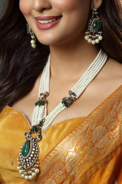Pearl and Emerald Antique Finish Kundan Polki Long Necklace Haar