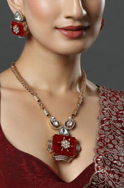 Gold Finish Kundan & Ruby Red Stone Meenakari Necklace