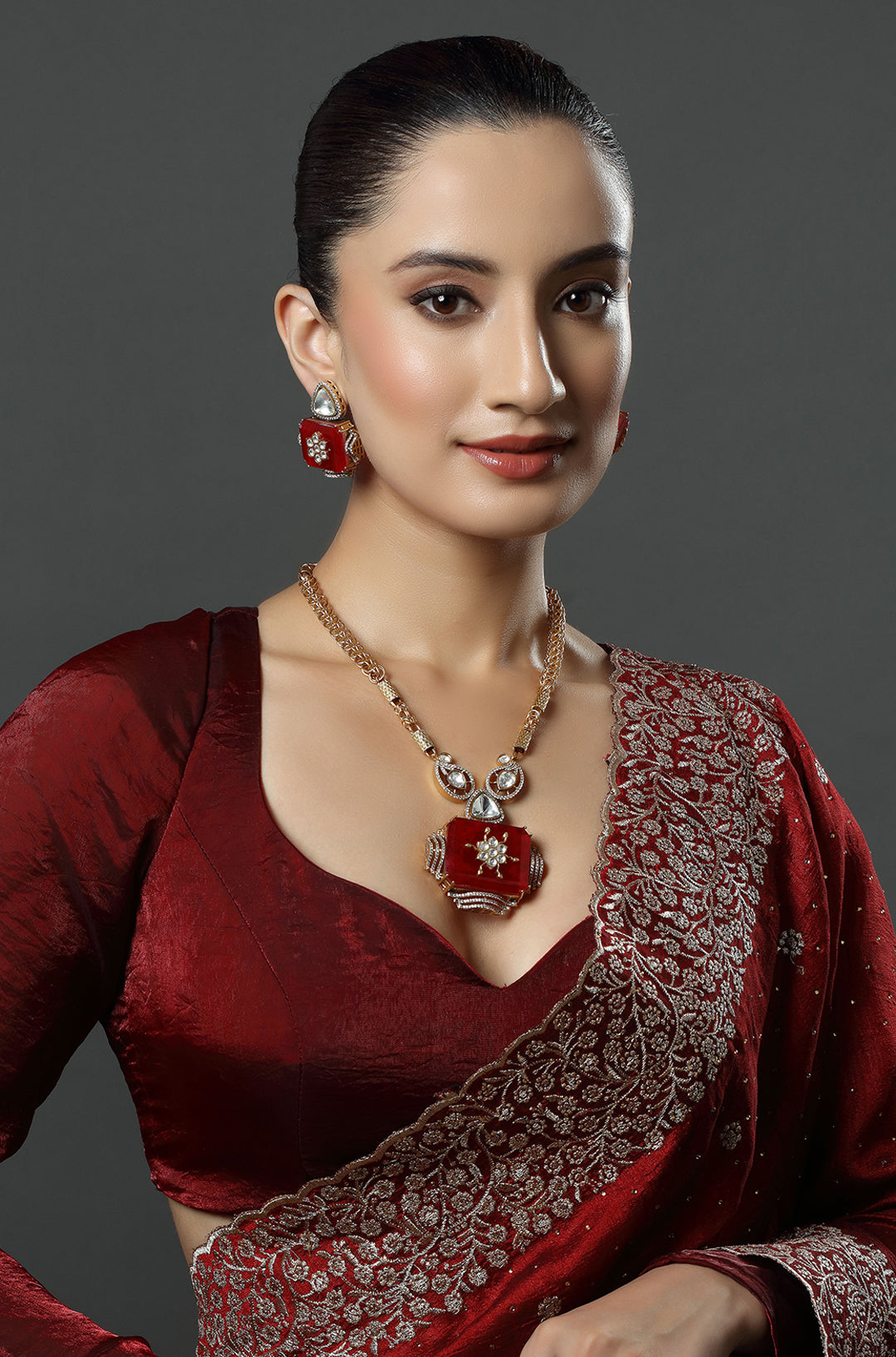 Gold Finish Kundan & Ruby Red Stone Meenakari Necklace