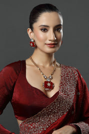 Gold Finish Kundan & Ruby Red Stone Meenakari Necklace