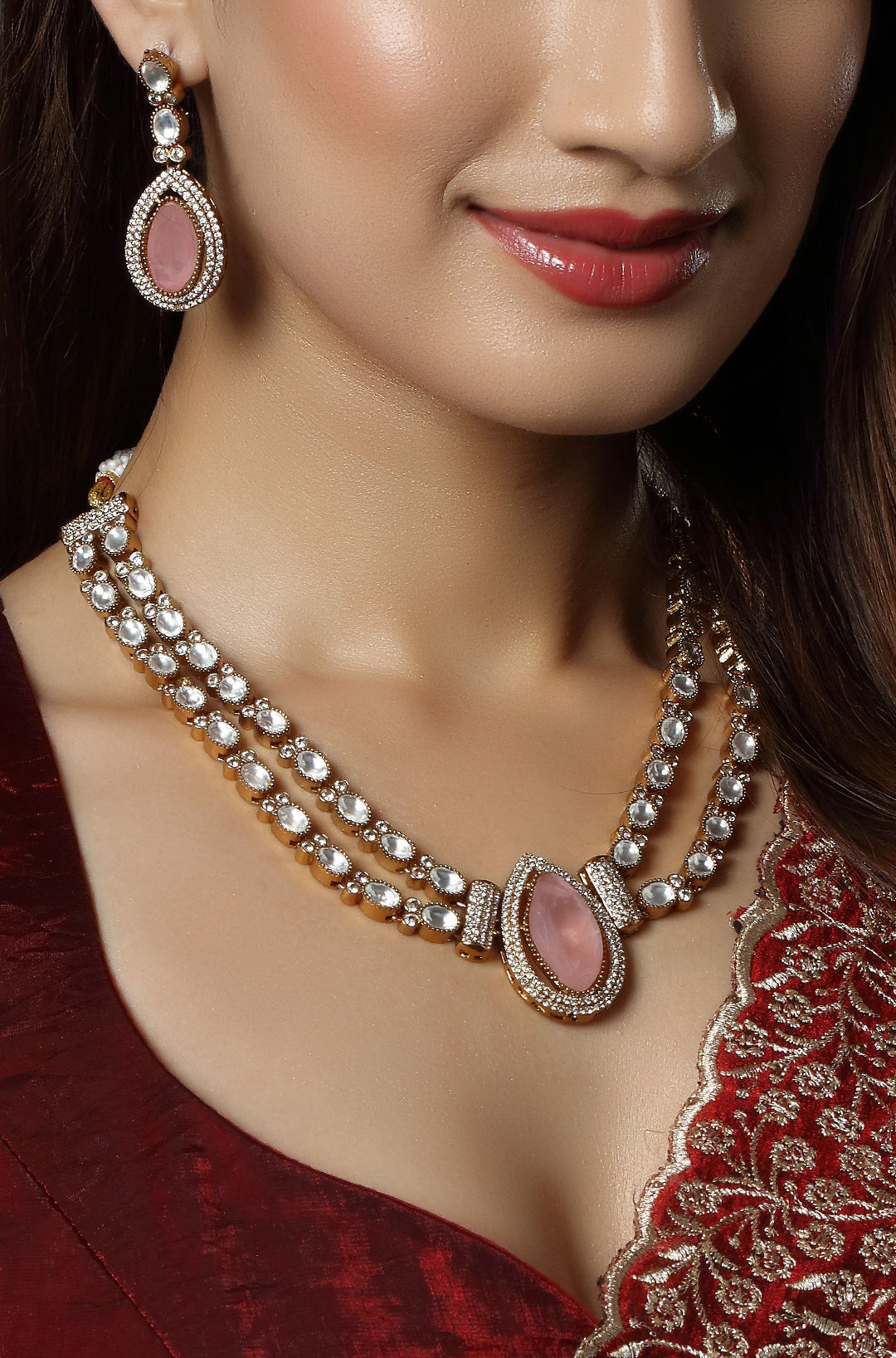 Pink Stone silver Polish Neckline Short Necklace