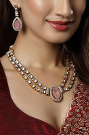Pink Stone silver Polish Neckline Short Necklace