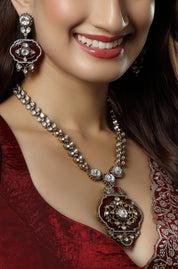 Micro Gold Finish Kundan with Emerald Maroon Stone Necklace