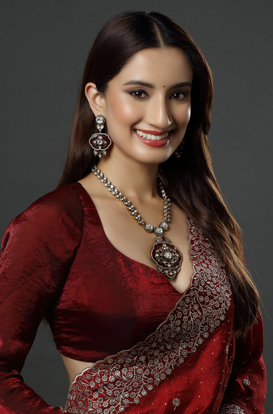 Micro Gold Finish Kundan with Emerald Maroon Stone Necklace