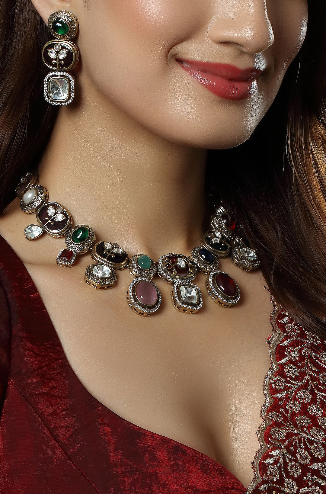 Victorian Kundan & Navratan Meenakari Multi Color Necklace