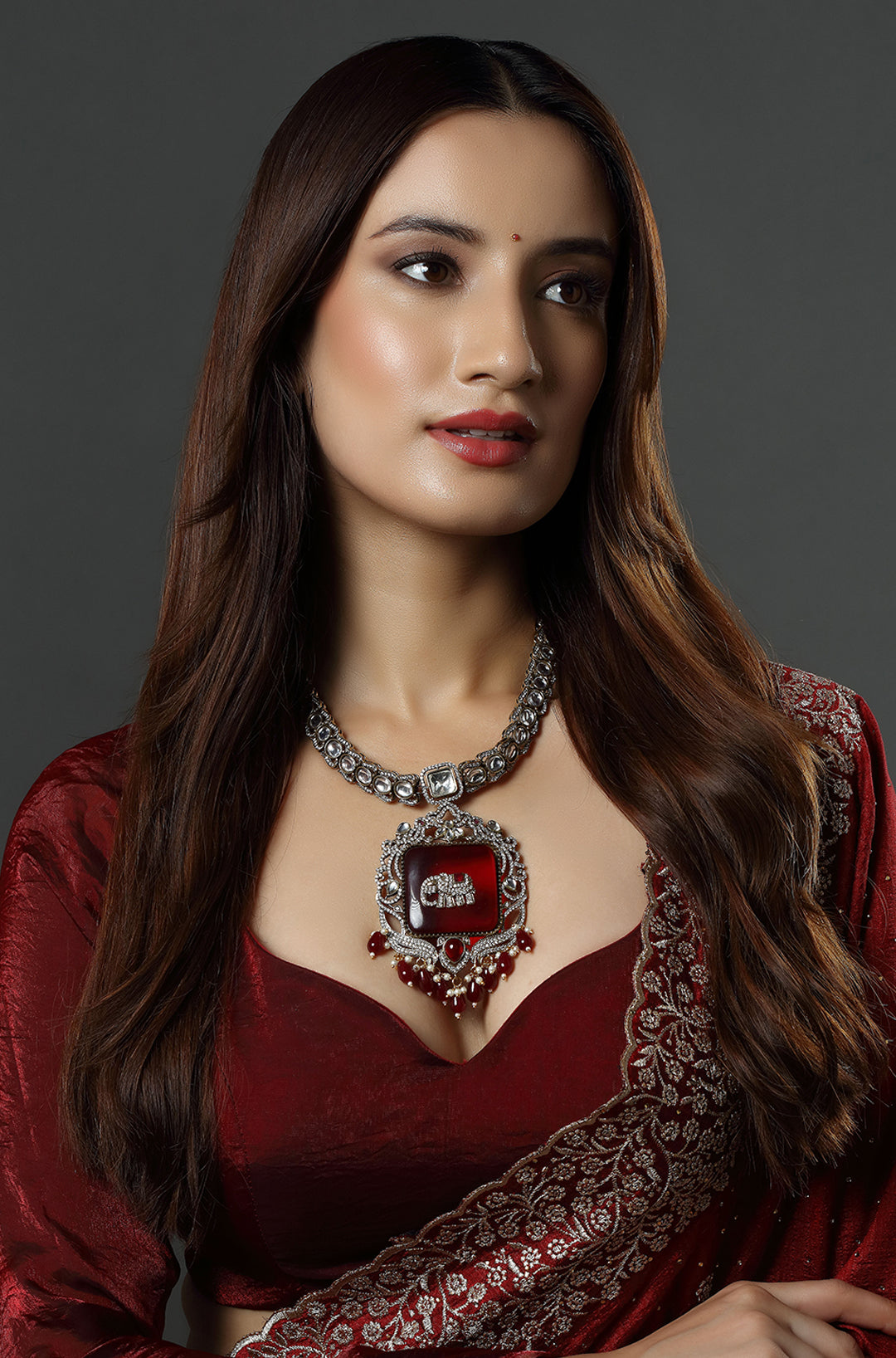 Victorian Maroon Stone with Elephant Embellished Kundan Necklace