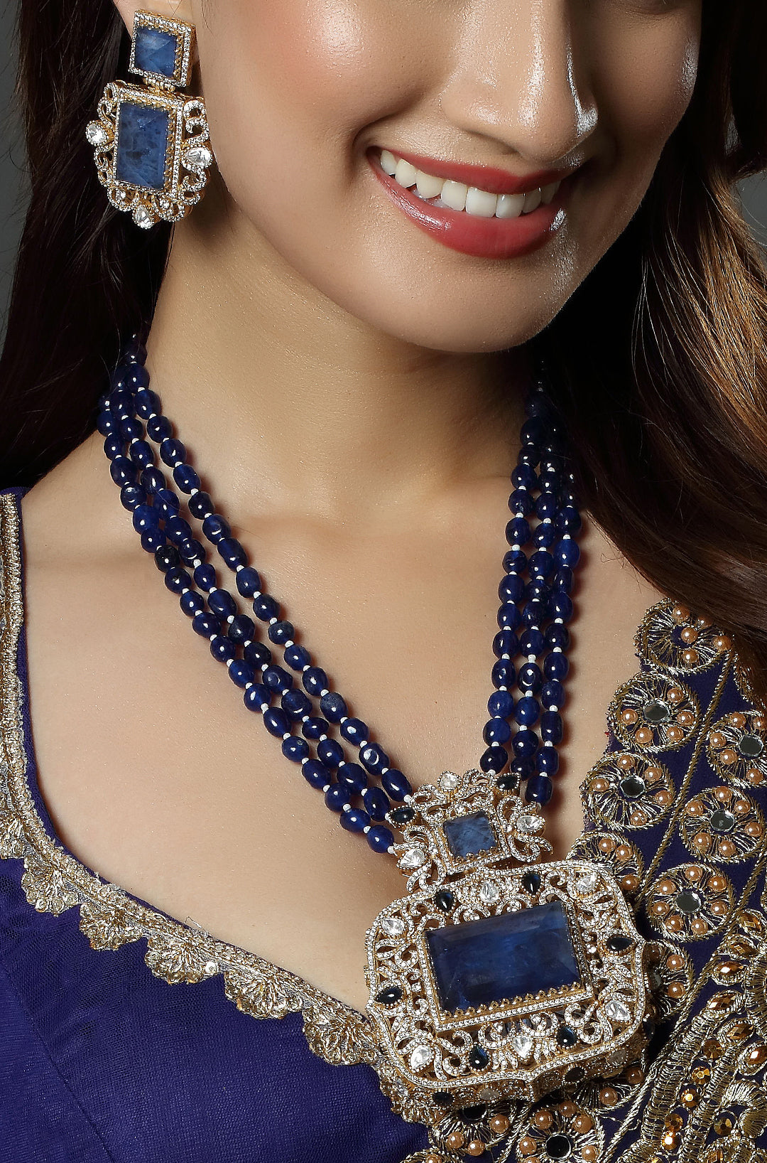 Beautiful Gold Tone CZ Royal Blue Multi Layer Designer Necklace