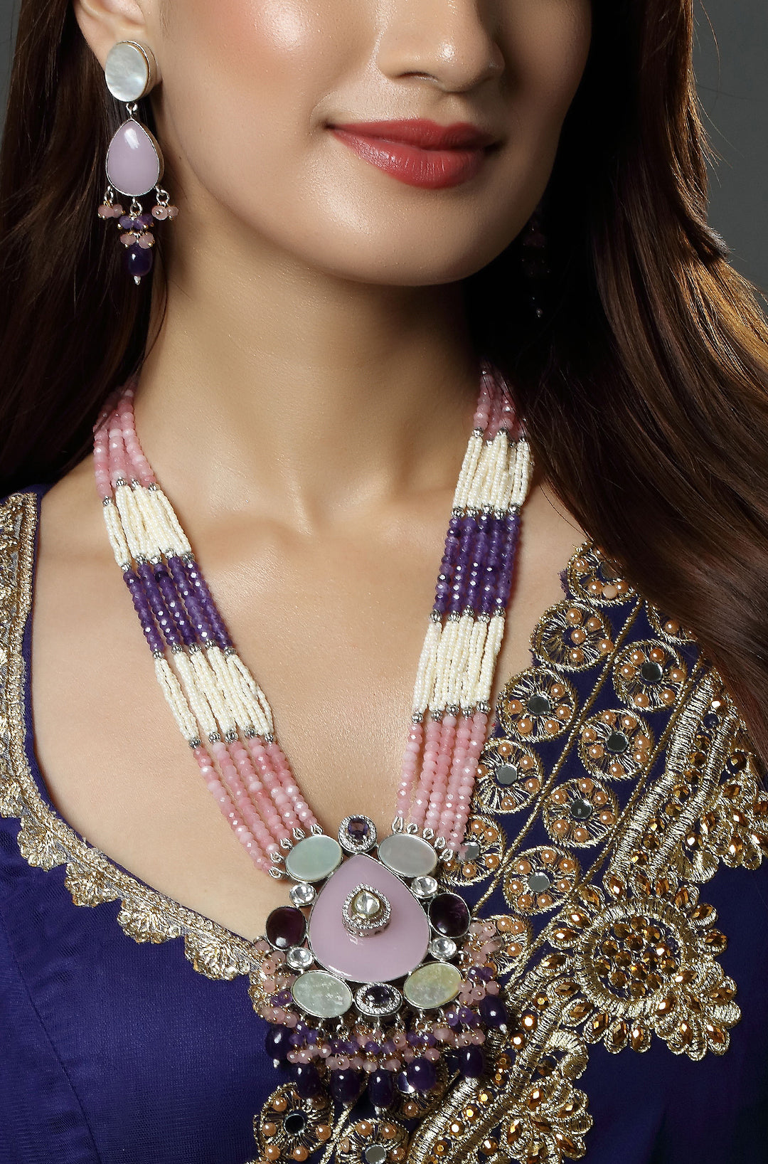 Pink Onyx Pendant With Beads Necklace