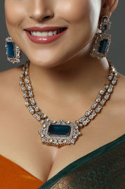 Peacock Blue Stone Silver And Gold Kundan Necklace