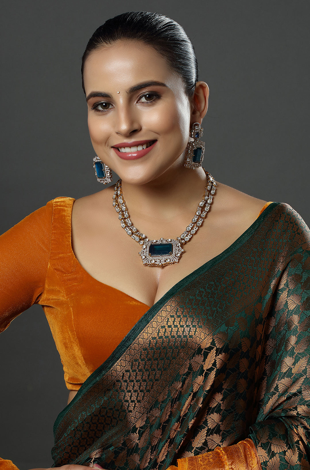 Peacock Blue Stone Silver And Gold Kundan Necklace