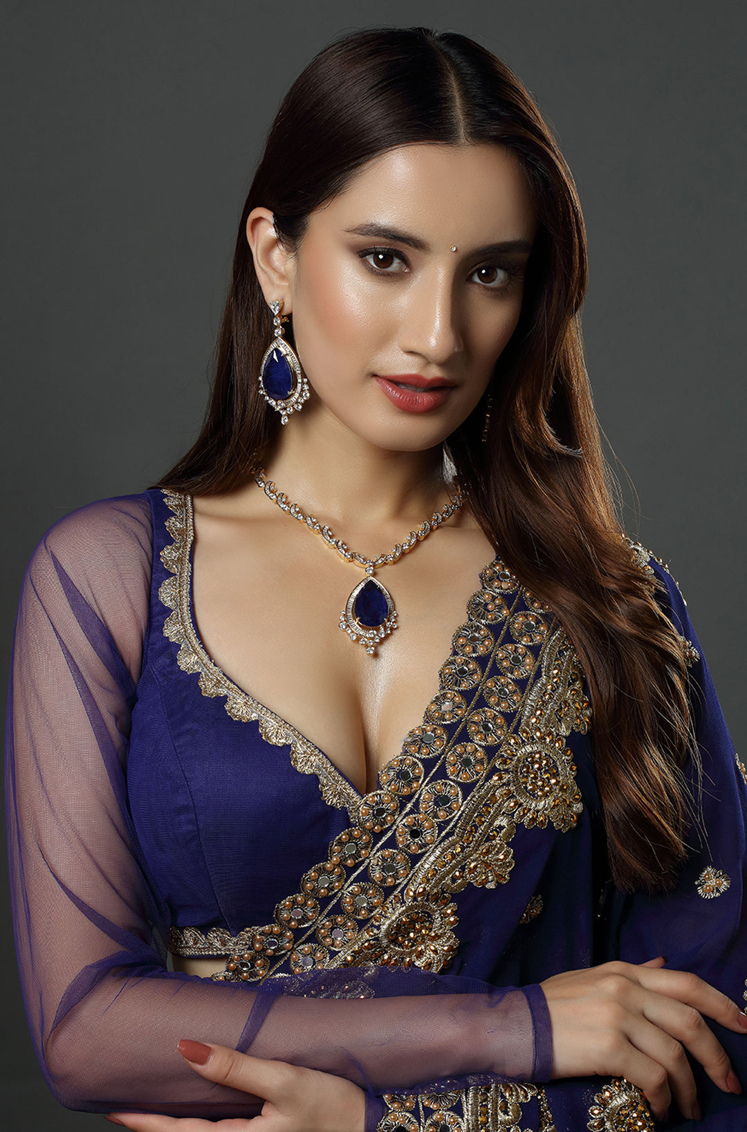 Victorian Gold Plated  Navy Blue AD Necklace Set