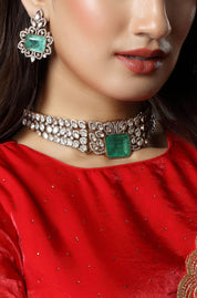 Gold Finish Emerald Stone & Moissanite Choker Necklace Set