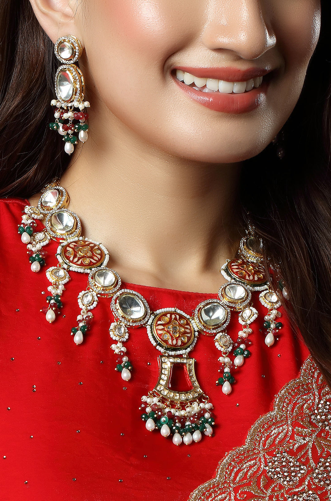 Red and Green Meenakari with Stones Dazzling Necklace