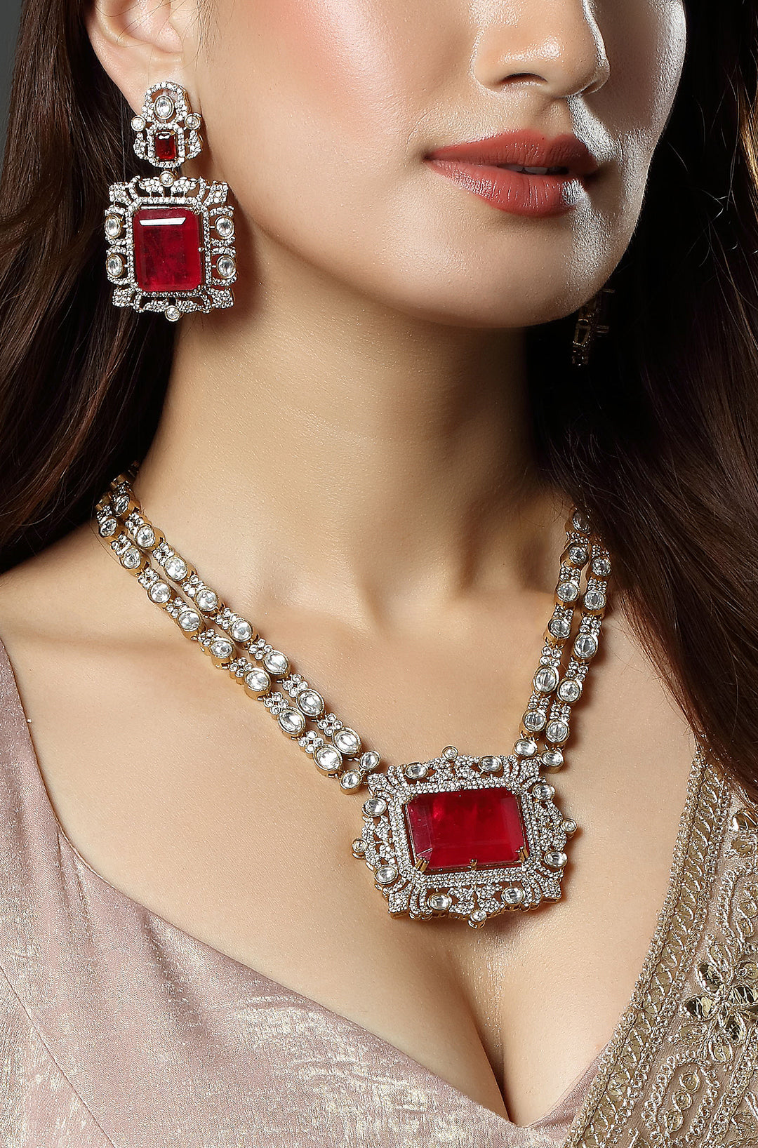 Red Stone Silver And Gold Kundan Necklace