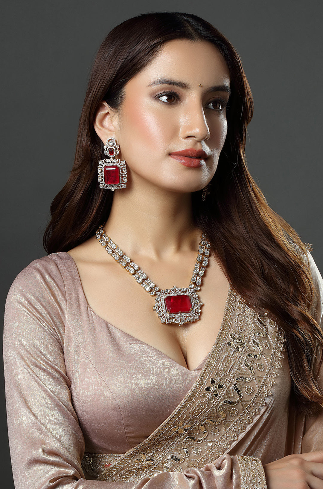 Red Stone Silver And Gold Kundan Necklace