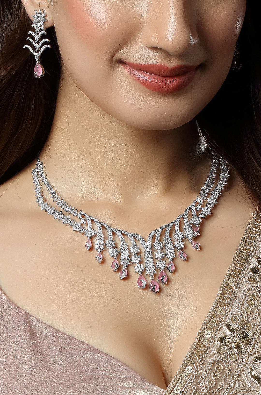 Pink Stone AD Silver Polish Neckline Short Necklace