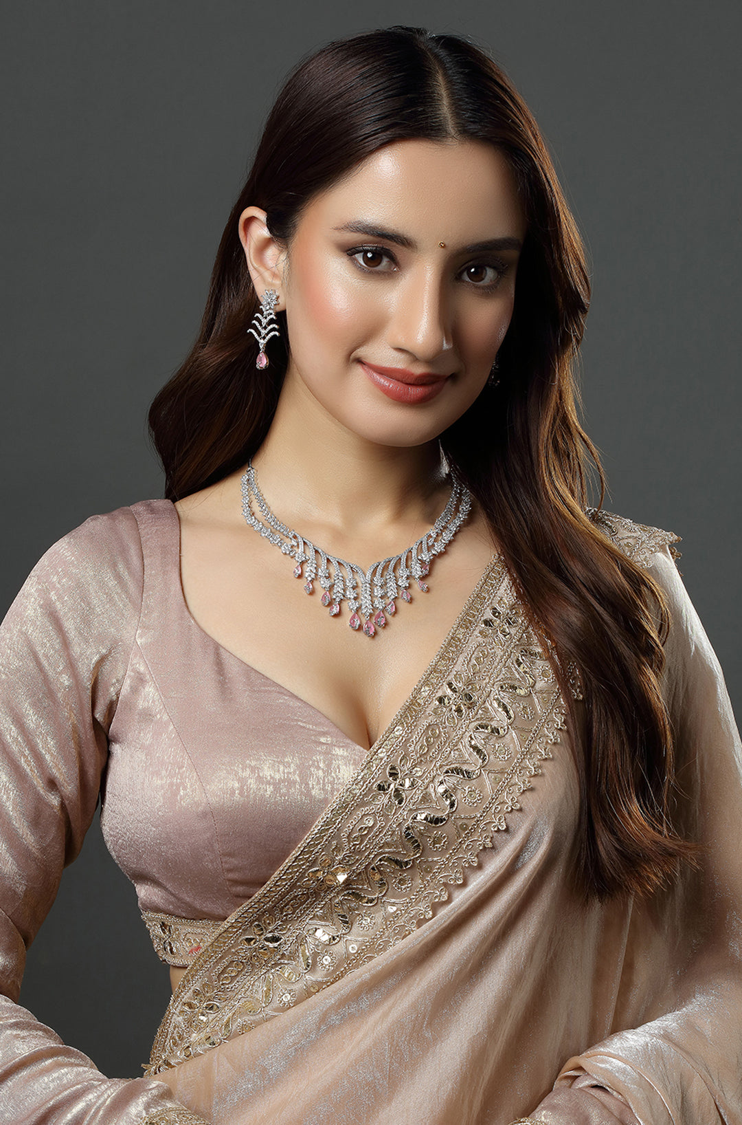 Pink Stone AD Silver Polish Neckline Short Necklace