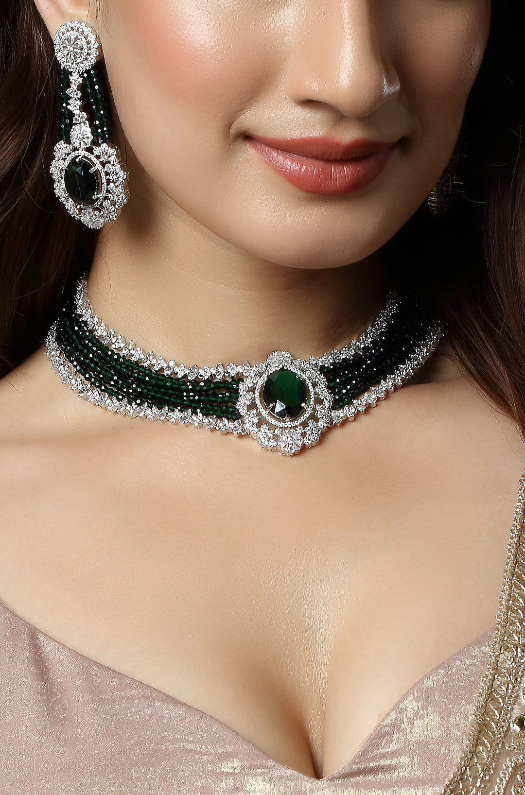 AD Rhodium Plated Emerald Green American Diamond Studded Necklace