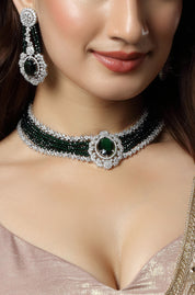 AD Rhodium Plated Emerald Green American Diamond Studded Necklace
