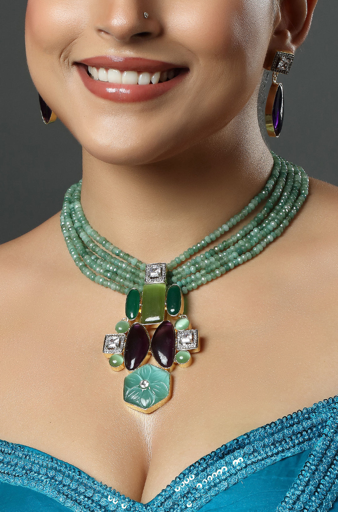 Gold Finish Natural Carved Stone Necklace